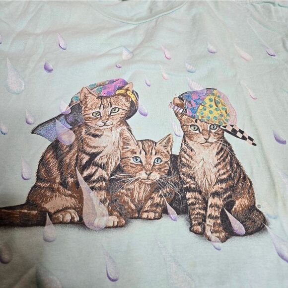 VINTAGE 90s mint green kittens in the rain short sleeve unisex tee shirt L - Picture 4 of 11